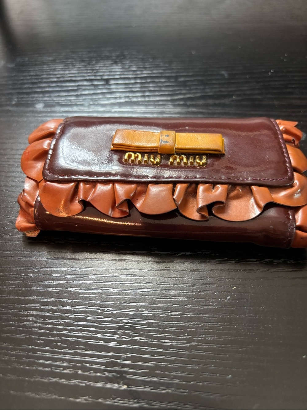 Authentic Miu Miu Ruffle Bow Key Wallet - Maroon Patent Leather - Rare Vintage